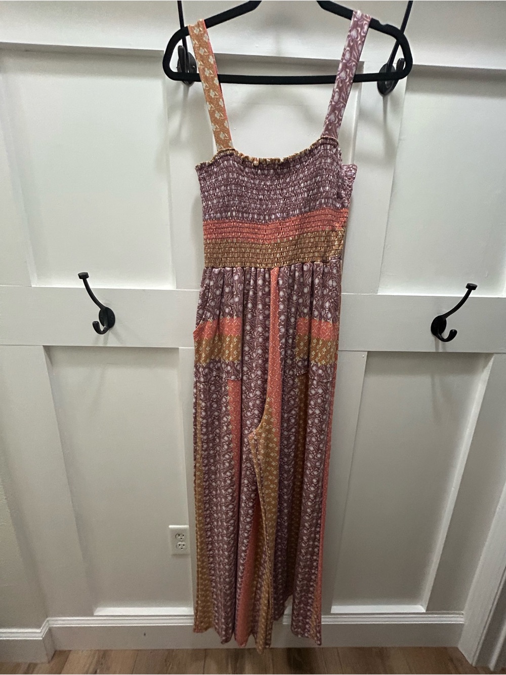 Boutique Brand, Bucket List, Smocked Strappy Boho Jumpsuit in Mauve and Coral
